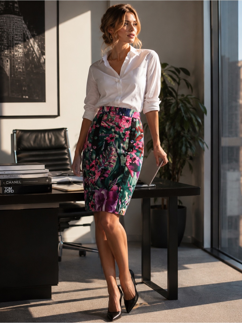 Floral Jungle Pencil Skirt with Double Sided Buttons